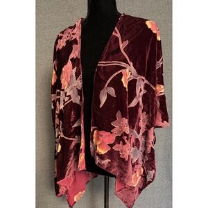 Woven Heart Velvet Burnout Floral Kimono Sheer Cardigan Burgundy Pink One Size
